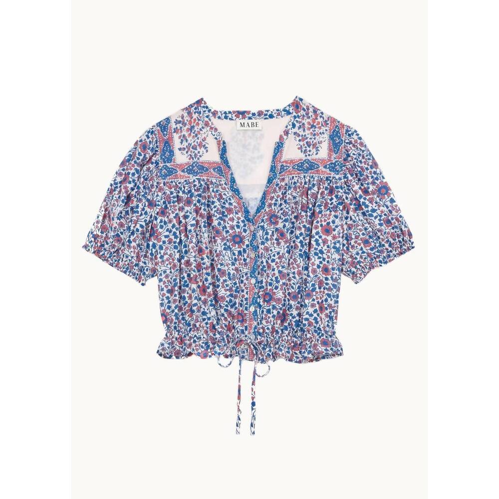 NEW M.A.B.E. women's della print short sleeve top in blue & pink